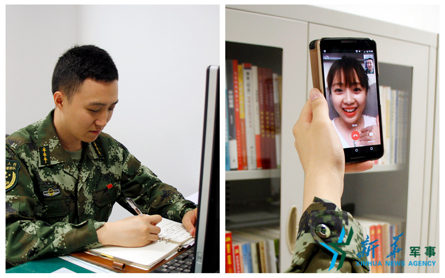 ↑陳德正，武警北京總隊(duì)七支隊(duì)某中隊(duì)指導(dǎo)員。七夕前夜堅(jiān)守在值班崗位上的他，在結(jié)束值班后給妻子打了個(gè)視頻電話，通過(guò)網(wǎng)絡(luò)表達(dá)著對(duì)妻子的愛(ài)意。閆星辰 攝