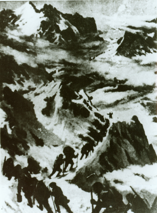 ↑資料圖片：紅軍過打鼓山。（圖片由陸軍第16集團軍某紅軍團提供）