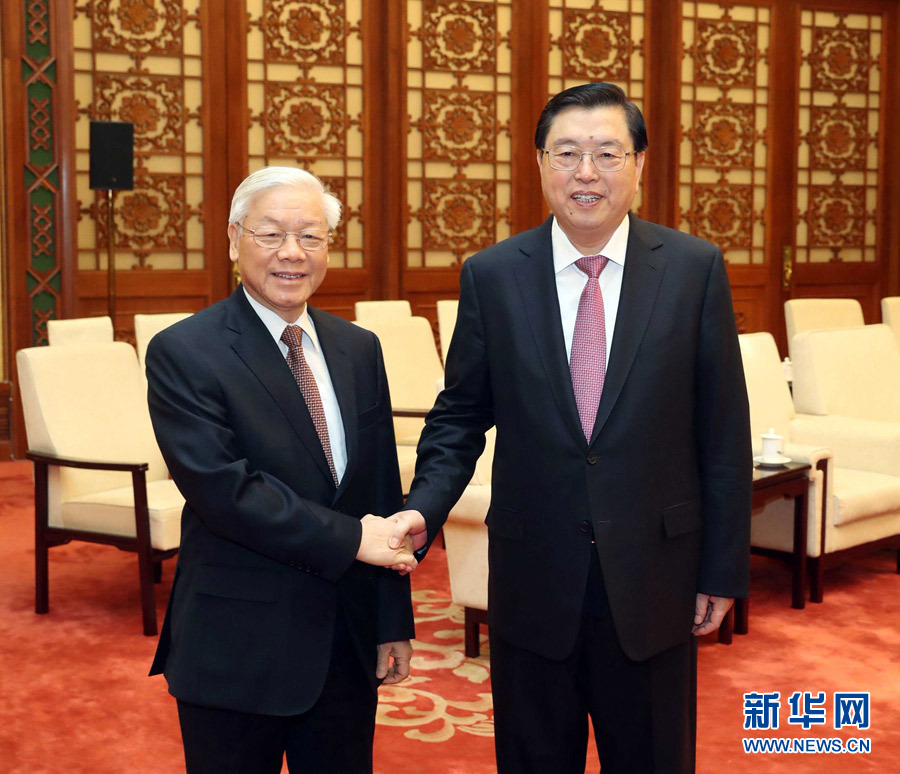 1月13日，中共中央政治局常委、全國人大常委會委員長張德江在北京人民大會堂會見越共中央總書記阮富仲。 新華社記者 劉衛(wèi)兵 攝