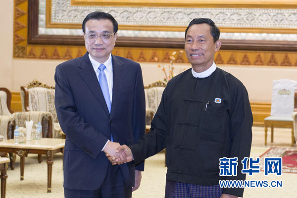 11月14日，國務院總理李克強在內比都會見緬甸聯邦議會議長兼人民院議長吳瑞曼。新華社記者王曄攝