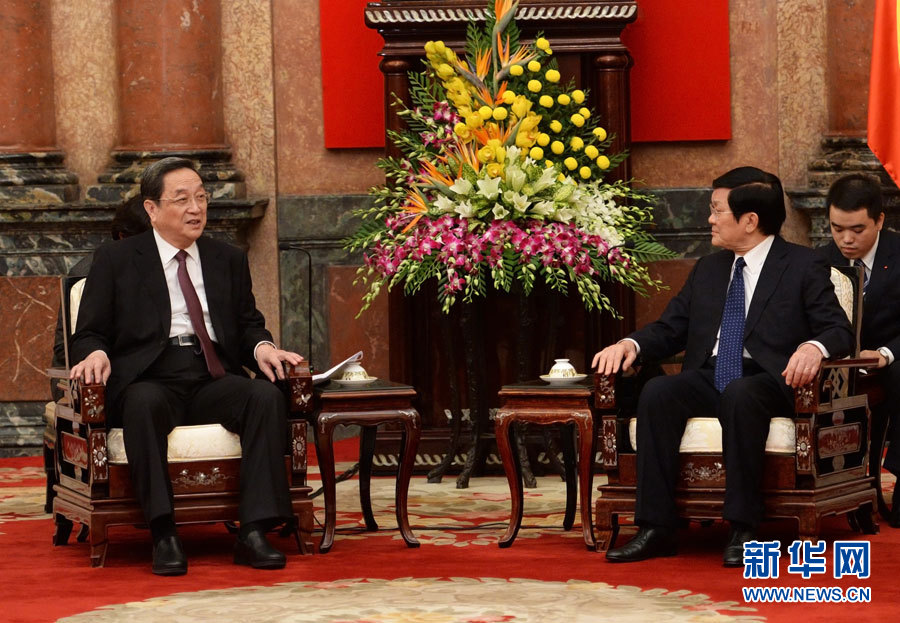 12月25日至27日，中共中央政治局常委、全國政協(xié)主席俞正聲對越南進(jìn)行正式訪問。這是12月26日，俞正聲在河內(nèi)會見越南國家主席張晉創(chuàng)。 新華社記者劉建生攝